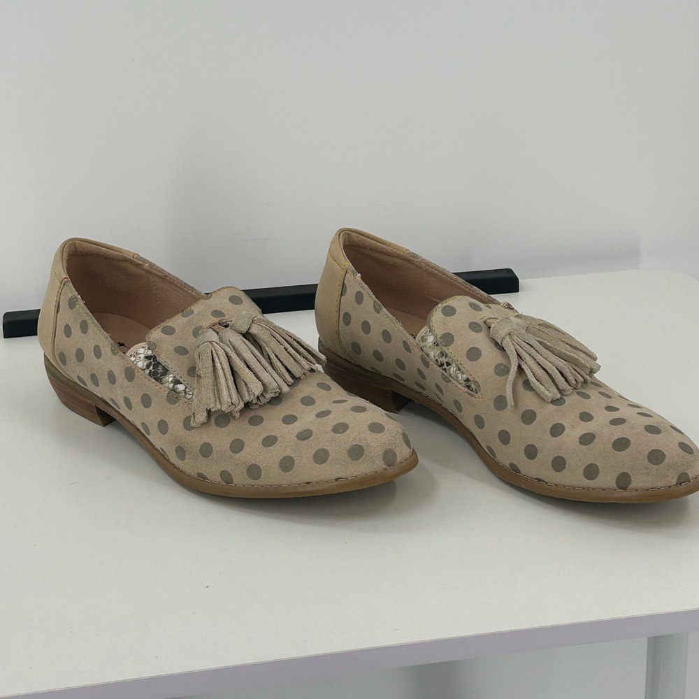 L'Artiste Spring Step Klasik Polka Dot Tassel Loafers Beige Leather Flats 39